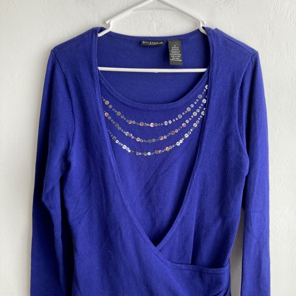 Bay Studio Career Womens Sweater Top Embellished Pullover Sz S Rayon Ble…